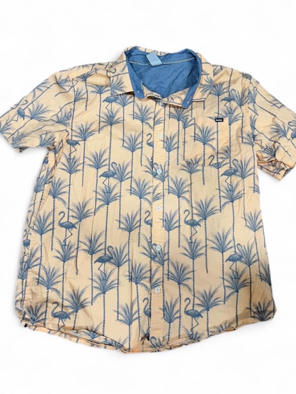 Men's Short Sleeve Button-Up Palm & Flamingo Print Shirt - Beige/Blue